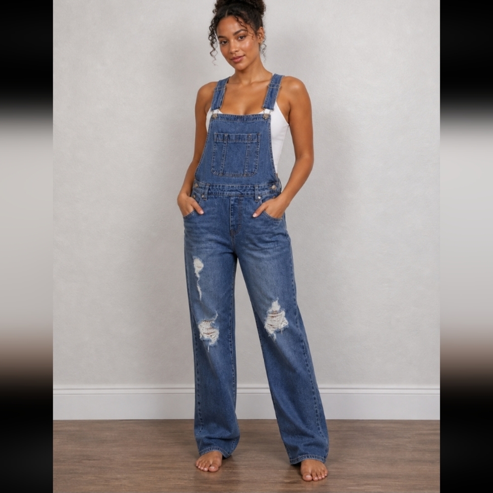 Blue Denim Overalls with Distressed Details Pockets Bib Adjustable Straps Small